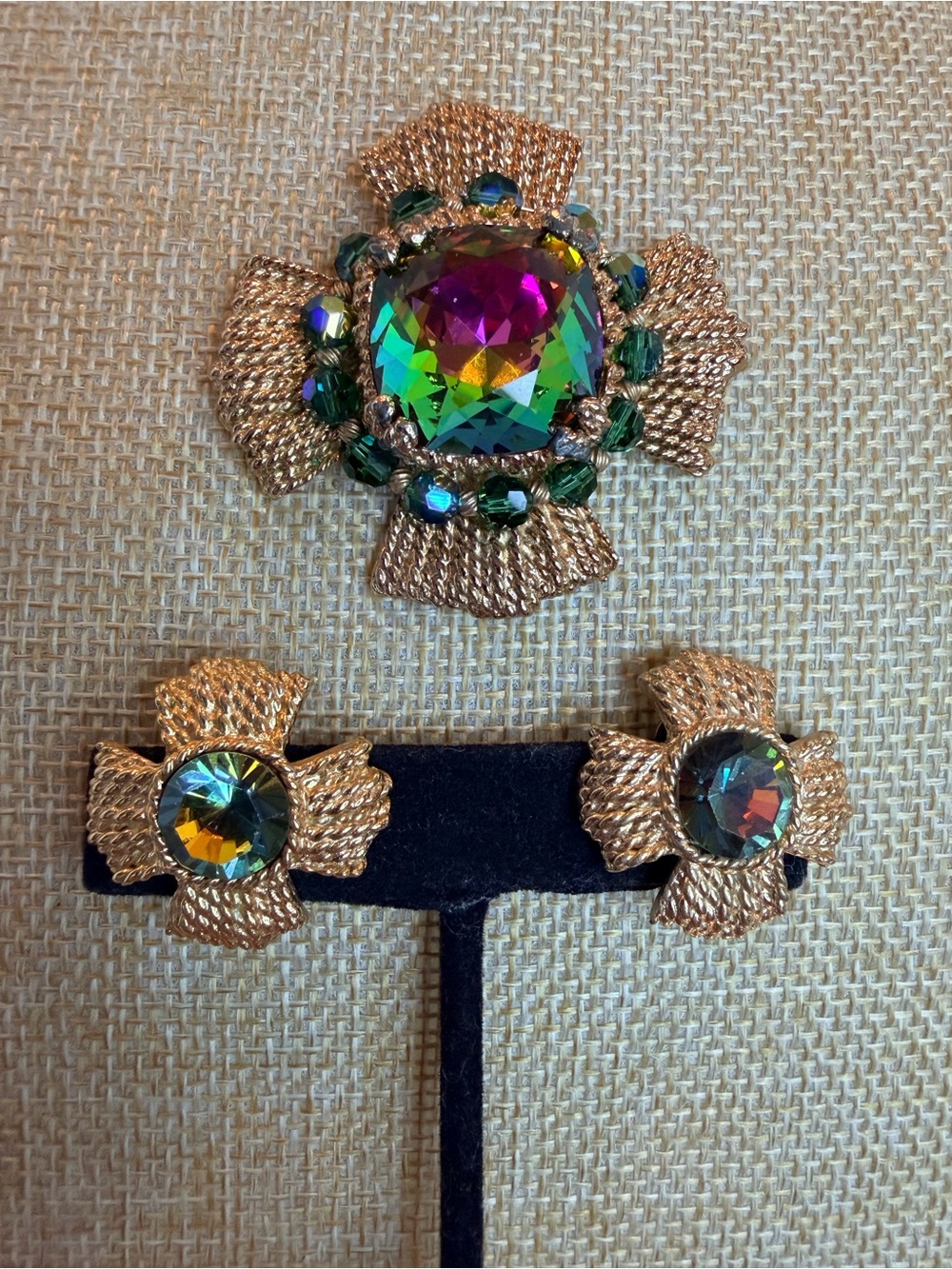 Rare Napier Vintage Maltese Cross Gold And AB Brooch and Earring Set